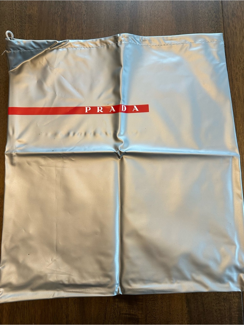 Prada Silver Satin Dust Bag with Red Logo Stripe